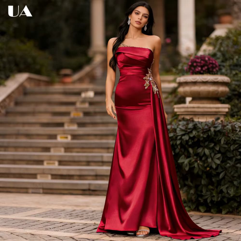 ULBYANRY Maßgeschneidertes Meerjungfrauen-Abschlussballkleid aus Satin mit Spaghettiträgern, glitzernden Strass-Details und drapiertem Vintage-Partykleid ohne Ärmel