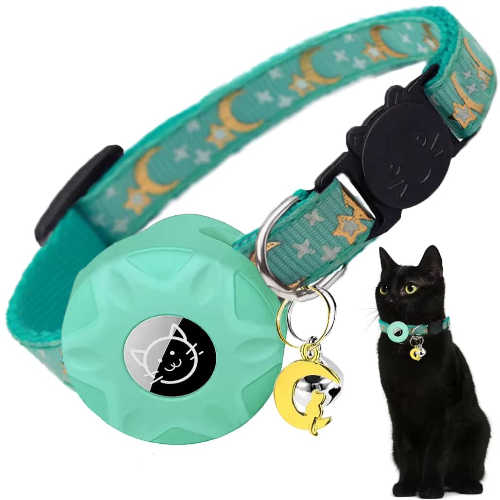 Apple Tag Haustierhalsband mit AirTag-Halter und Mondornament für Kätzchenhalsband, Mädchen, Jungen, Katzen, kleines Hundehalsband, Kätzchenzubehör