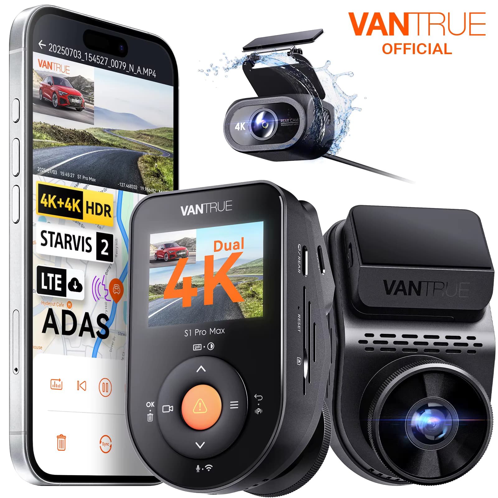 Vantrue S1 Pro Max 4K+4K DashCam mit ADAS/BSD Starvis2 HDR PlatePix ™ IP67Wasserdichte Rückfahrkamera, Sprachsteuerung, 24-Stunden-Parkmodus