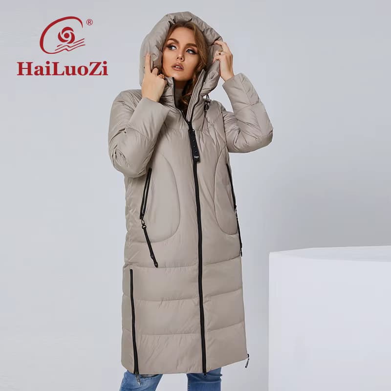 HaiLuoZi 2022 Neue Frauen Mantel Hohe Kragen lange, Dicke frauen Unten Jacke Weibliche Mode Seite Zipper L-5XL Elegante Kapuze parka 6079