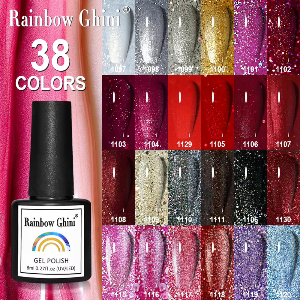 RG 8ML Farbiger Feinglitter-Gel-Lack 38 Farben Langanhaltender Nagellack für Profis Abziehbarer UV-Nagelgel Alles für die Maniküre