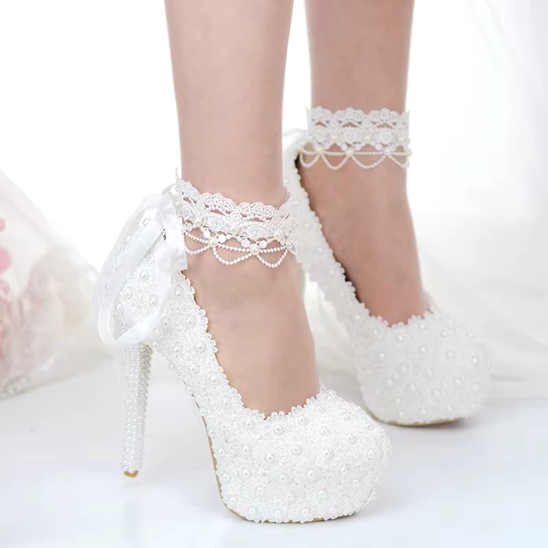 Frühling runder Kopf flache Perlenspitze mit wasserdichter Plattform Hochzeitsschuhe dünner hochhackiger Bankettkleid großer Damenschuh