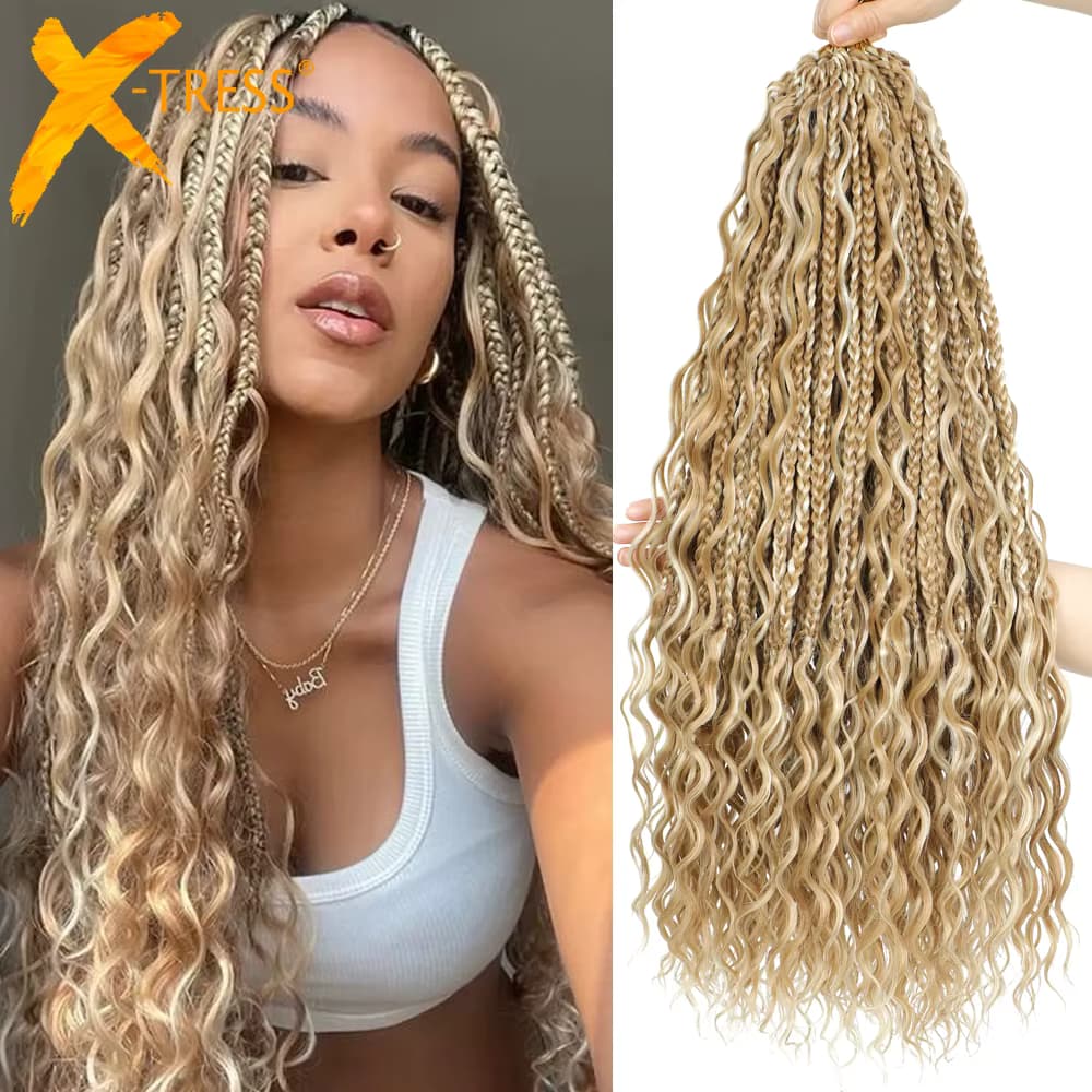 Synthetische Göttin Box Braid Häkelhaar 24" Honigblond Boho Bohemian Vorgeschlungenes platinblondes Flechthaar mit lockigen Enden
