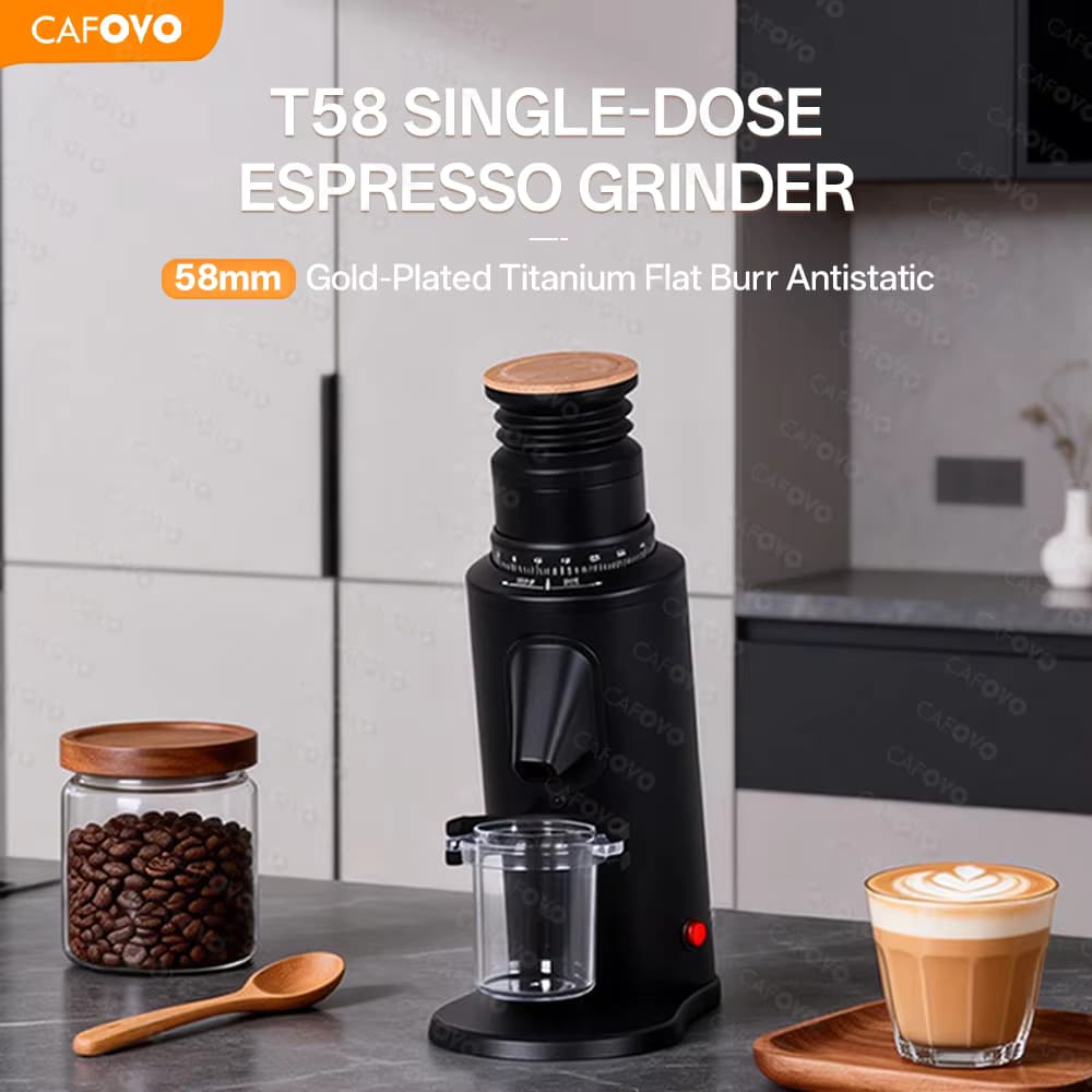 CAFOVO T58 Einzeldosis-Espressomühle Antistatisch 58mm Vergoldete Titan-Flachmahlwerk Elektrische Kaffeemühle für Heim-Barista