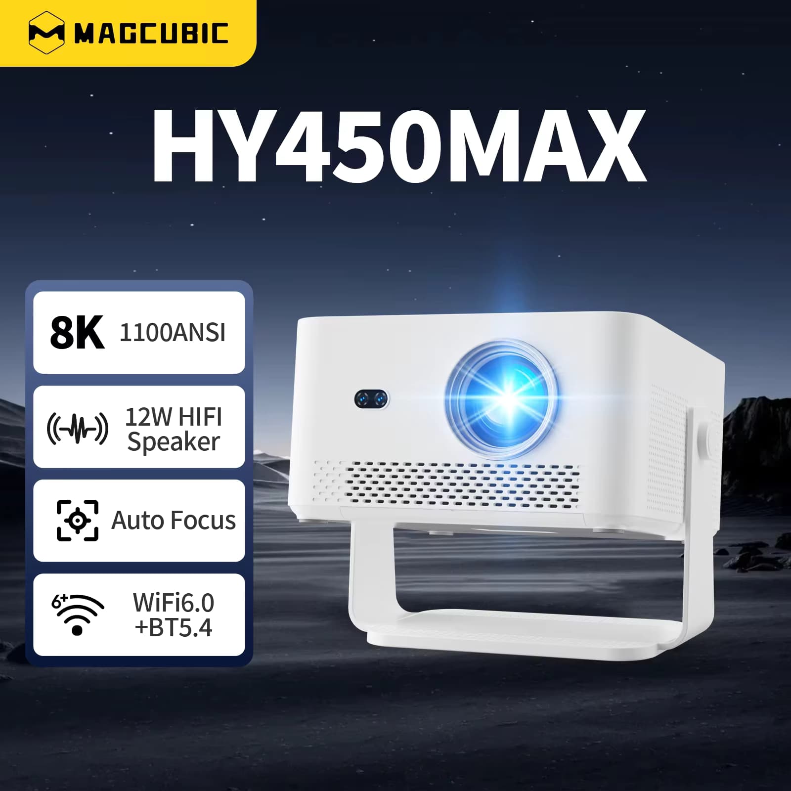 Magcubic HY450MAX Tragbarer Outdoor-Projektor 1100 ANSI 1080P Autofokus 8K-Unterstützung Android 14 WiFi6 Beam Mini-Projektor für Unterhaltung im Freien