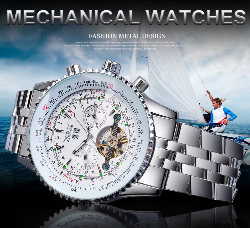 JARAGAR 034 Automatische Mechanische Uhren für Mann Tourbillon Stahlband Leucht Kalender Männer Armbanduhr uhren para hombres