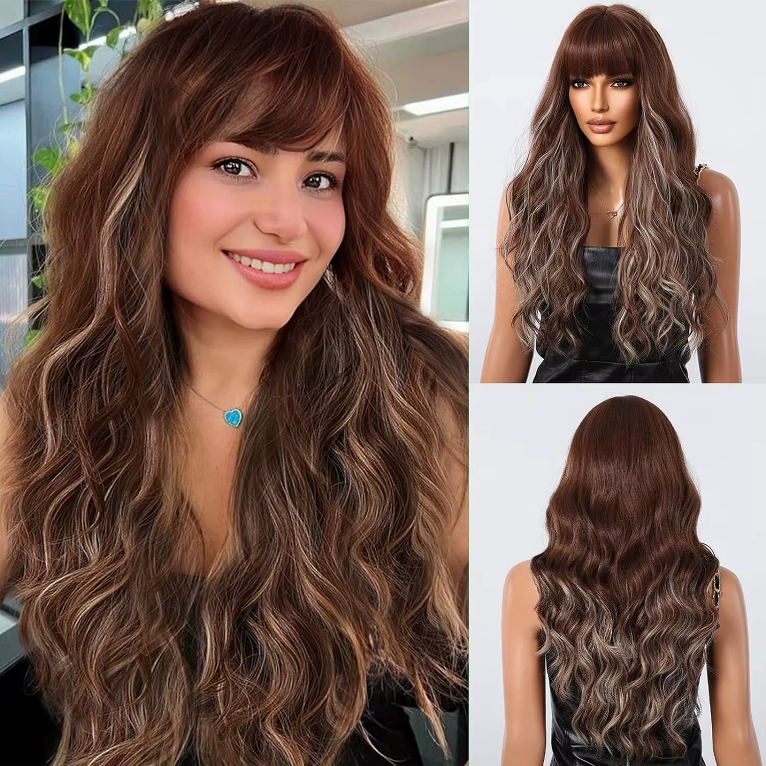 EASIHAIR Lange gewellte lockige braune Highlights-Synthetik-Perücken für Frauen, natürliches Haar mit Pony, tägliches Cosplay, hitzebeständige Faser