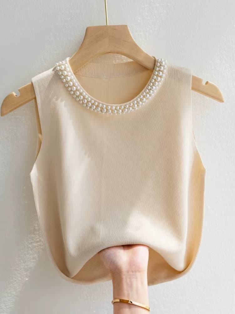 Sommerliche koreanische Strickwesten für Damen – Modische ärmellose Oberteile mit Perlenstickerei, dünne Freizeit-Tops