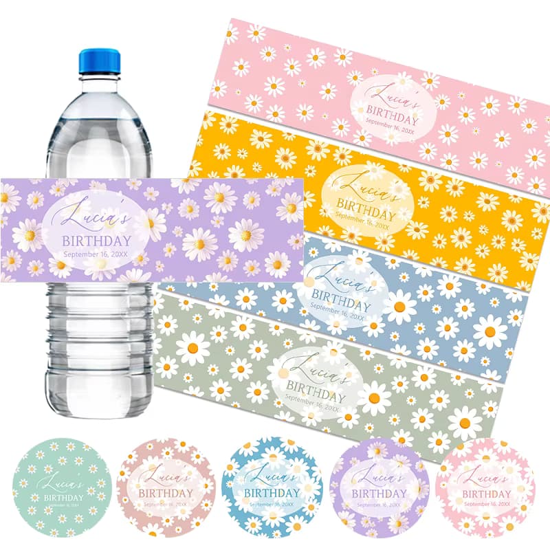 Personalisierte Gänseblümchen-Aufkleber-Etiketten, Geburtstagsfeier, Wasserflaschen-Etiketten, Aufkleber, Blume, selbstklebend, individuelles Bapteme-Dekor