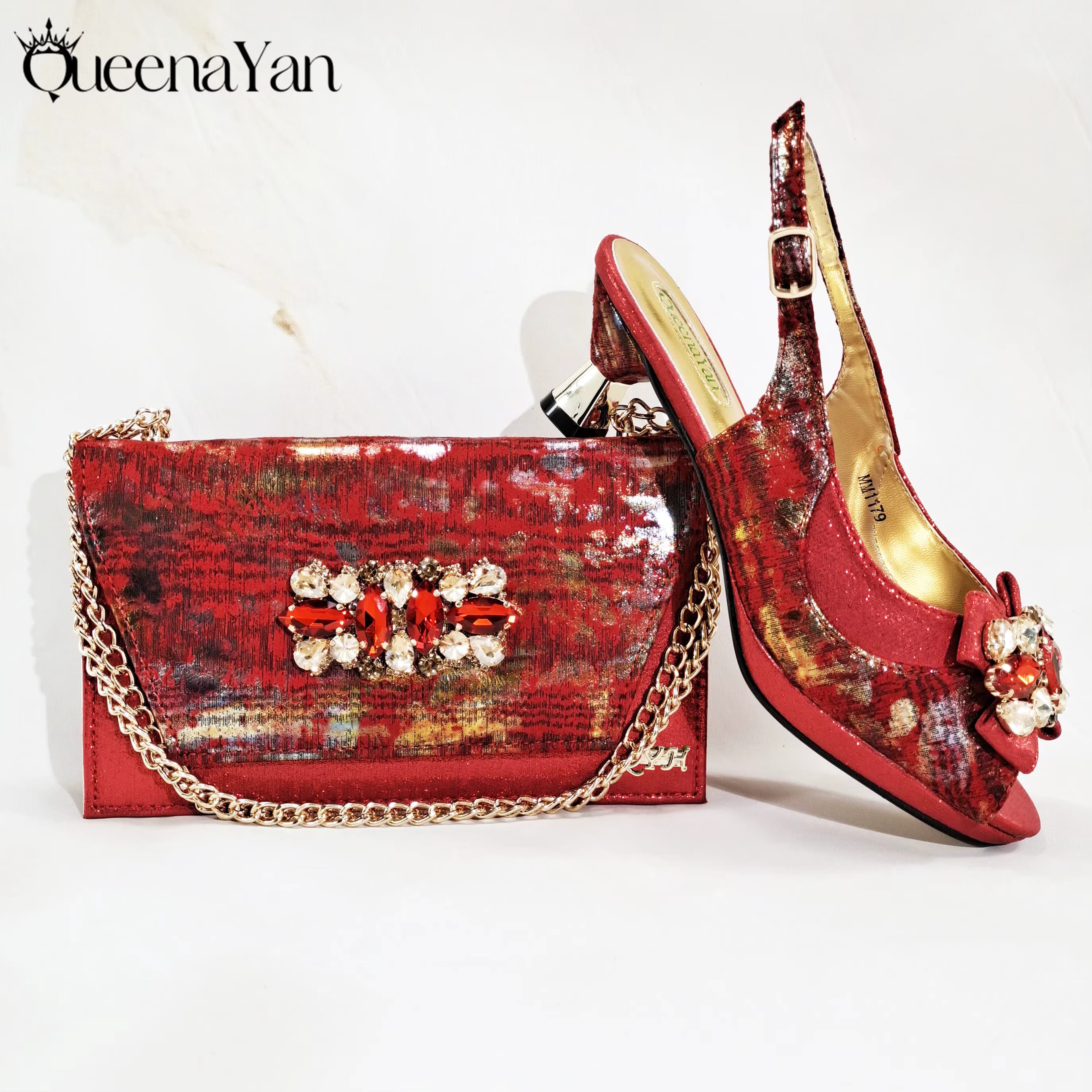 Neue Damen High-Heel Schuhe Elegante Weinrote Strass Metallic-Diamant-Akzente Kombiniert mit Passender Handtasche Exquisites Spezialmaterial