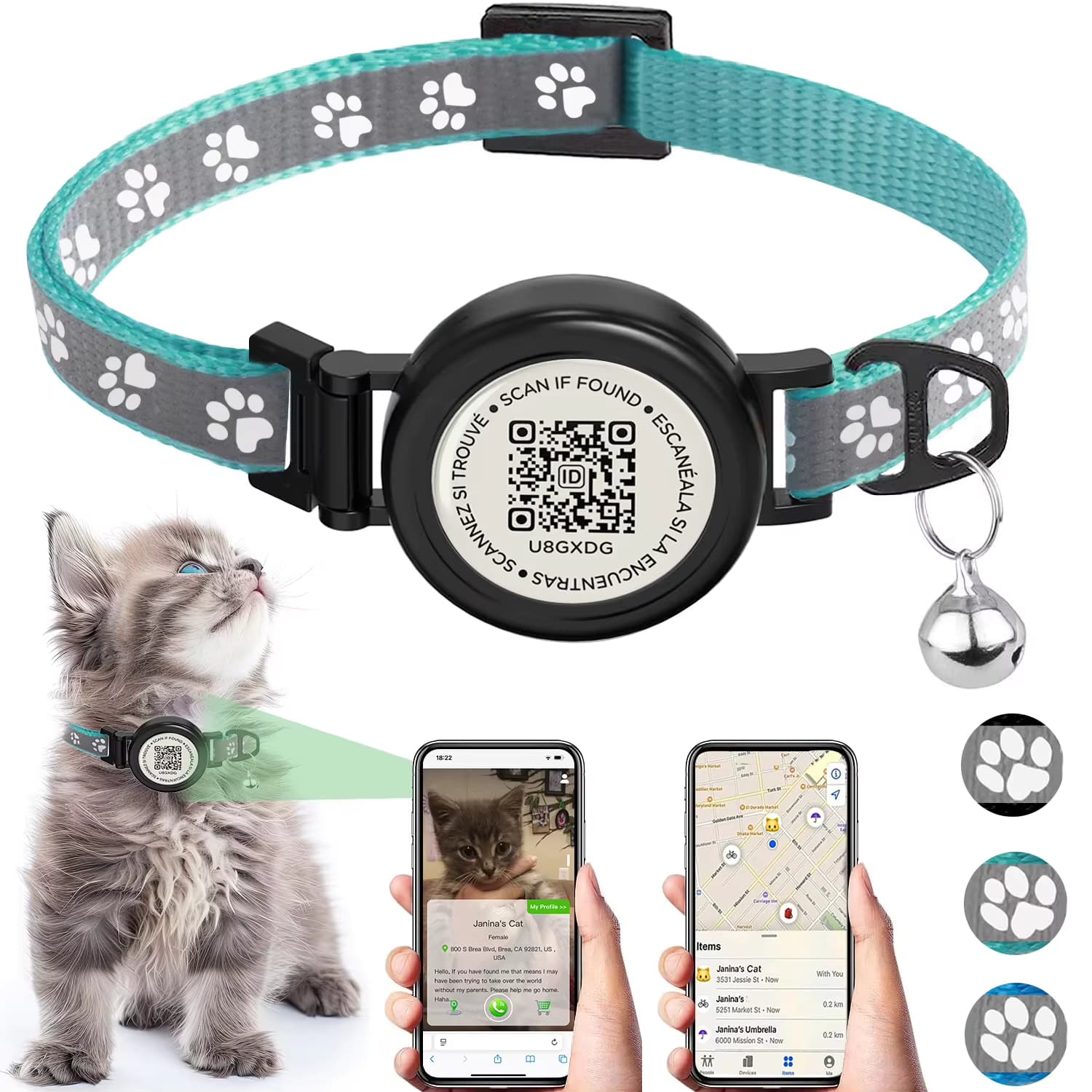 Wasserdichtes AirTag-Katzenhalsband mit Tracker-Schutzhülle für Apple Tag, Abreißbares Kätzchenhalsband mit Glocke für Katzen und Welpen
