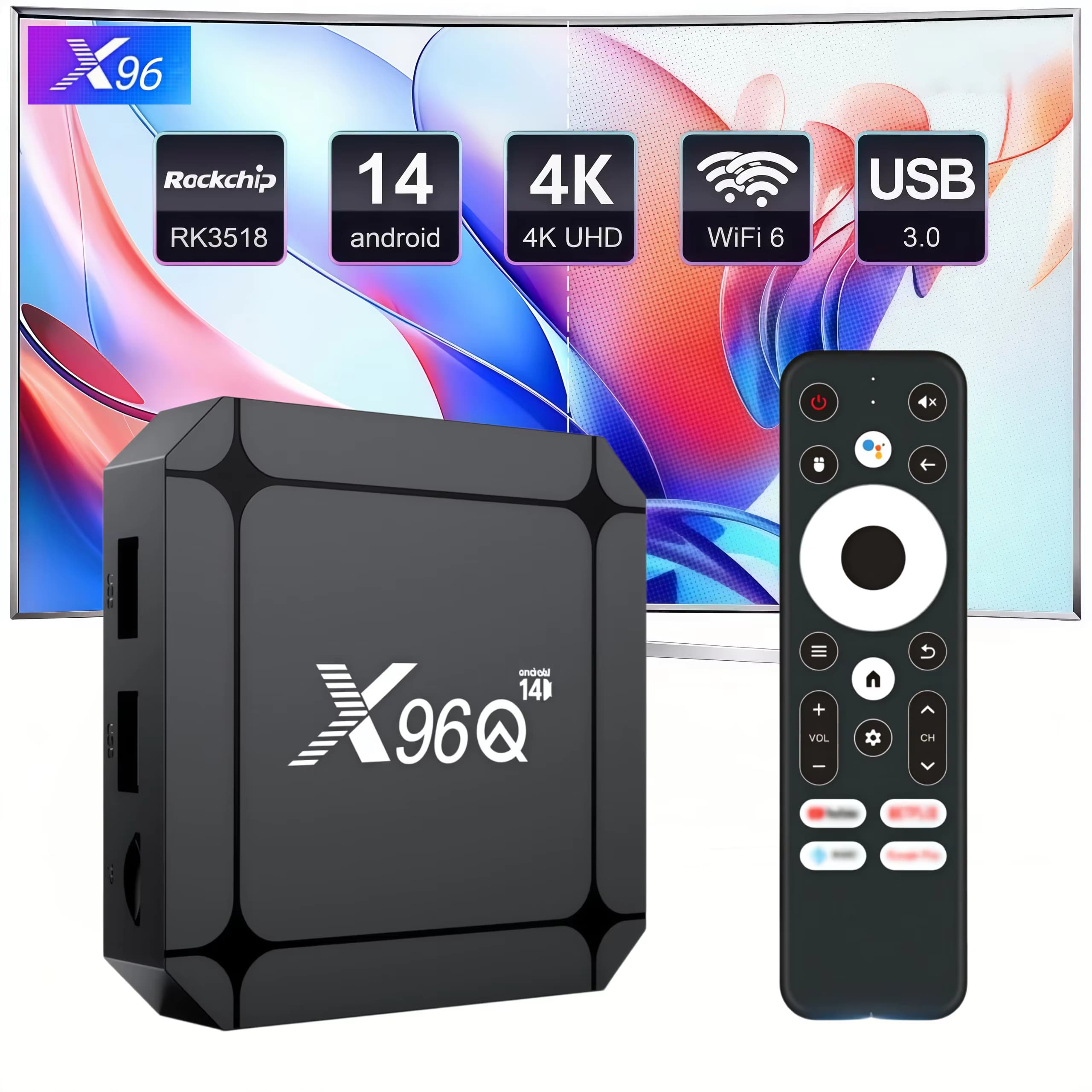X96Q Android 14.0 TV-Box RK3518 Quad-Core WiFi 6 Bluetooth 5.0 4K Ultra HD Smart Media Player USB 3.0 H.265 HDR10 Set-Top-Box