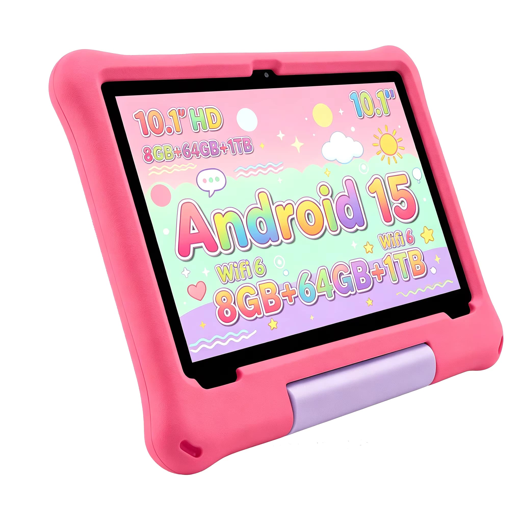 Kinder-Tablet 10,1" HD Android 15 8GB+64GB 1TB Erweiterbar WiFi6 5000mAh Augenschutz Lern-Tablet für Kleinkinder Stoßfeste Hülle
