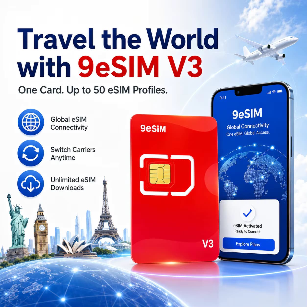 9esim V3 Physische ESIM-Schreibkarte für Mobiltelefone, Unbegrenzter Profil-Download, Kompatibel mit entsperrten ESIM-Mobiltelefonen, Unterstützt STK-Menü