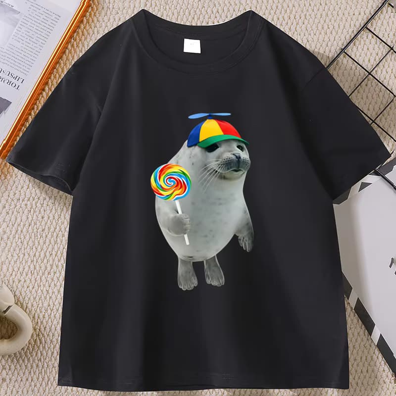 Silly Seal T-Shirt, lustiges Tier-Meme-Grafik-T-Shirt, Baumwolle, kurzärmelig, Rundhalsausschnitt, atmungsaktive T-Shirts, Unisex, für Männer und Frauen