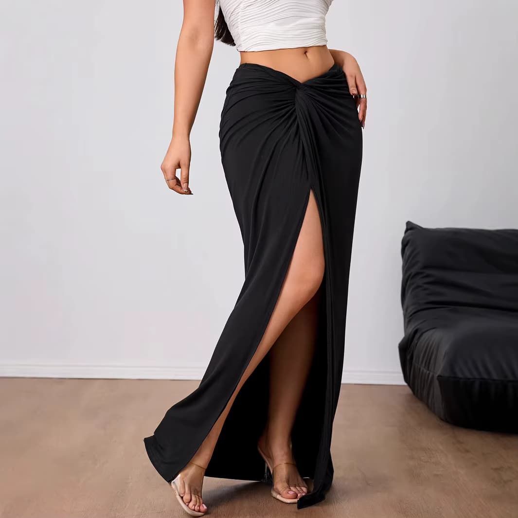 Eleganter schwarzer Faltenrock für Damen – Hochtaillierter langer Rock mit Schlitz für Frühling und Sommer – Modisches Freizeit-Streetwear-Outfit für Frauen