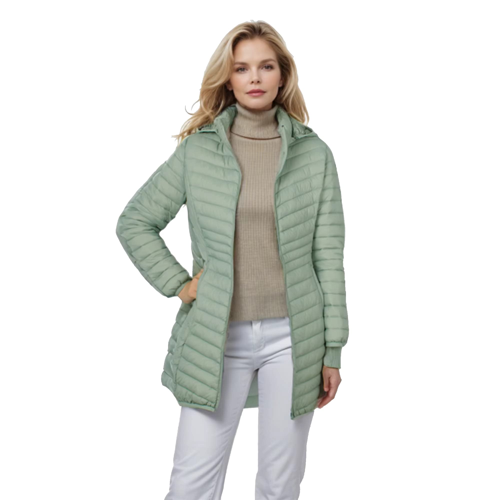 SANTELON Damen Outdoor-Winddichter, warmer Puffermantel mit abnehmbarer Kapuze, leicht, glatt, lang, Oberbekleidung, NICHT asiatische Größe