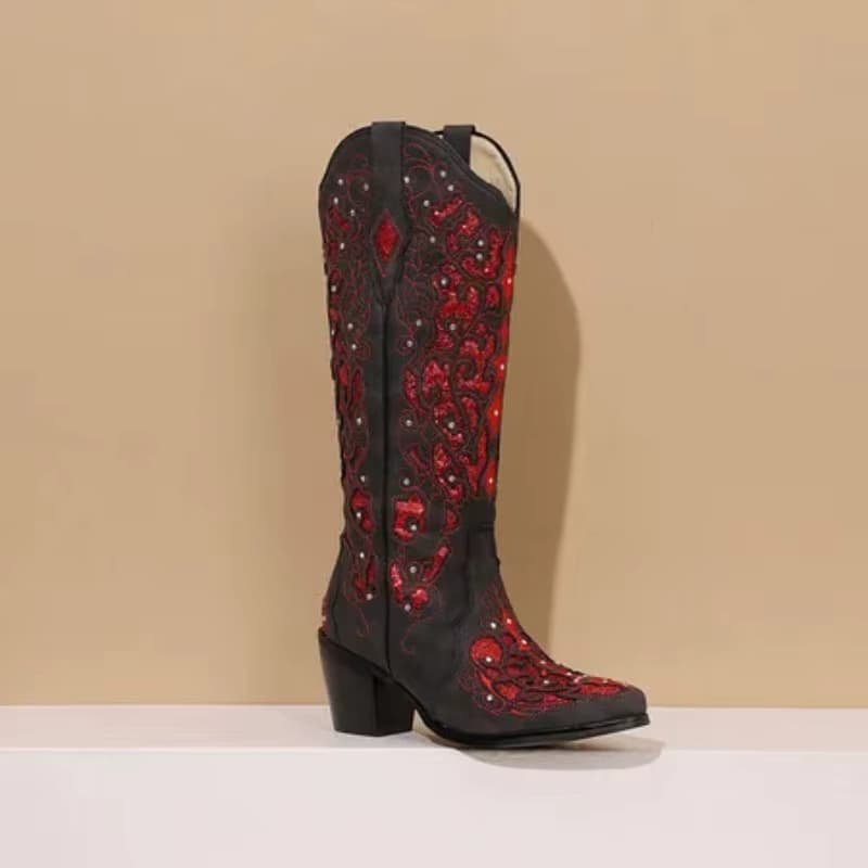 Bling Crystals Retro Western Cowboy Kniehohe Stiefel für Damen 2025, Nähen, Blumen-Cowgirl-Schuhe, Stiefel