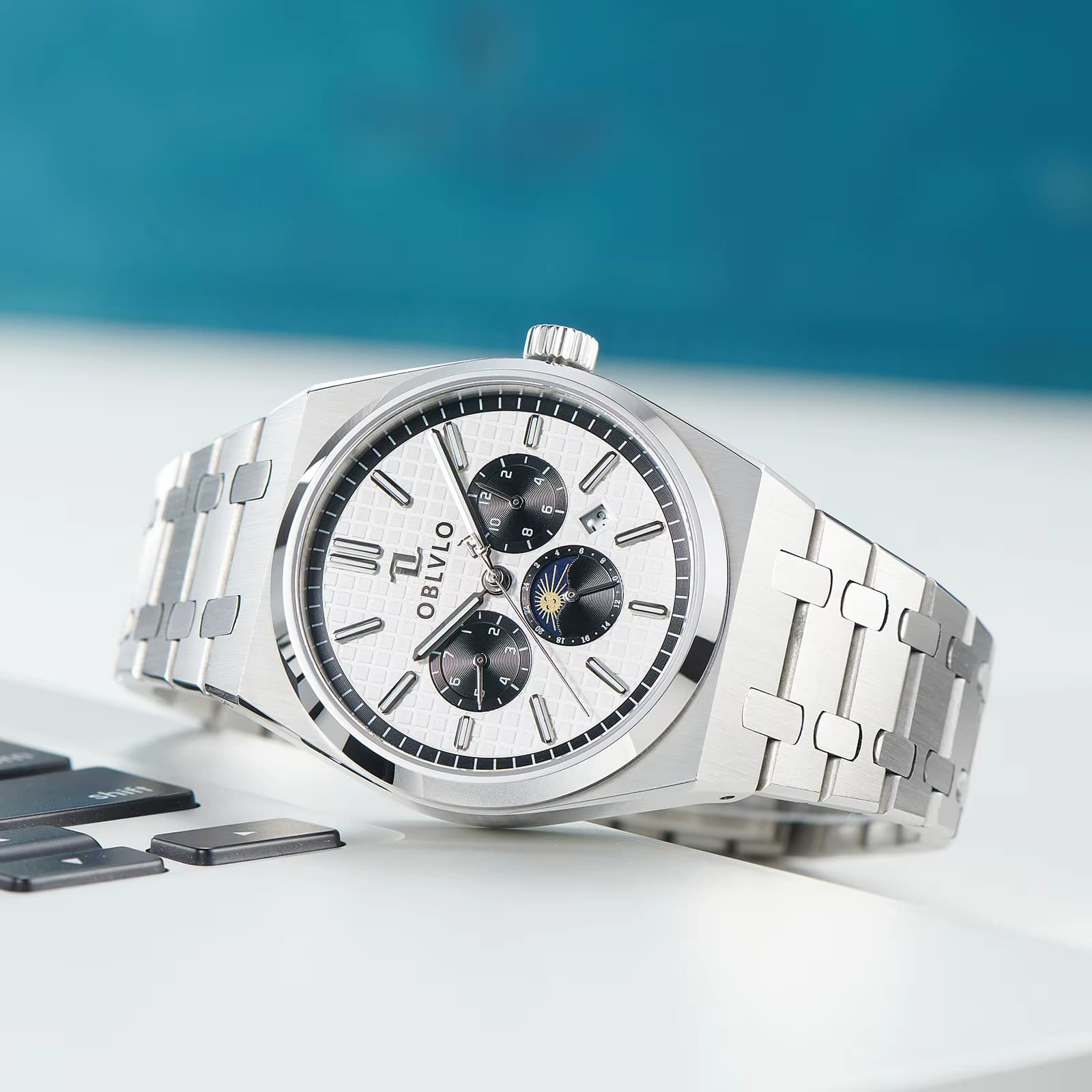 OBLVLO Uhren für Herren, neues Design, mechanische Uhren aus Edelstahl, kompletter Kalender, automatische wasserdichte Uhr, Reloj TM-MUT