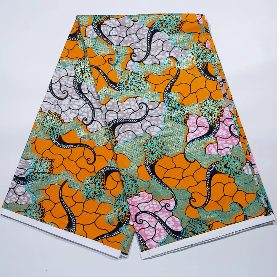 6 Yards goldverzierte holländische Ankara-Wachsstoffe mit geometrischem afrikanischen Druck aus Baumwolle für Party-Outfits im Aso Ebi-Stil