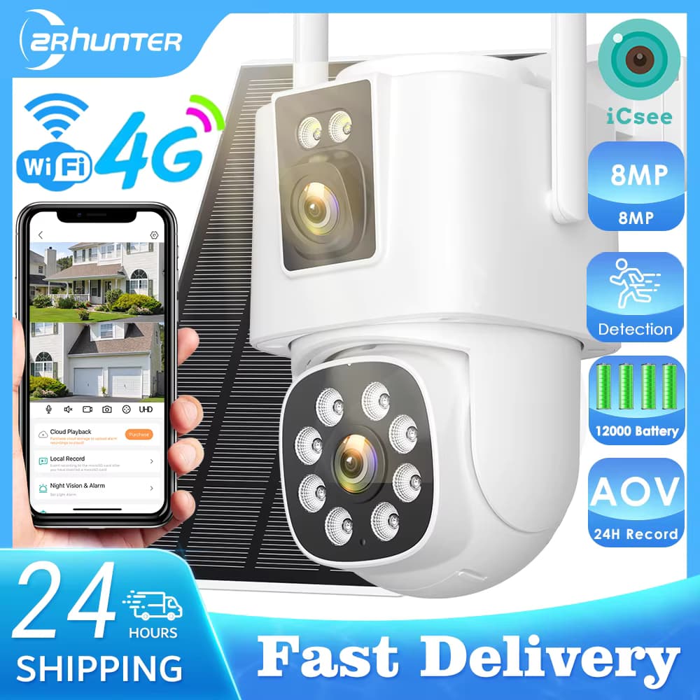 4G Solarkamera im Freien Wifi PTZ IP-Kamera 4K 8MP HD CCTV-Kamera AOV 24-Stunden-Aufnahme Human Ai Auto Detect Tracking ICSee APP