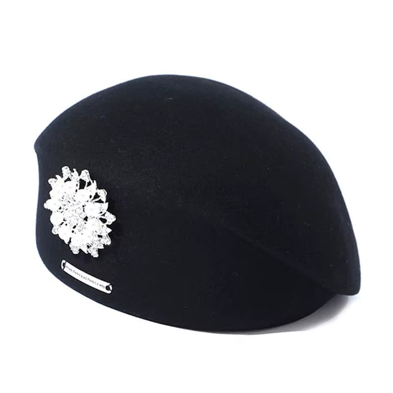 Neue Französisch Stil Baskenmütze Kappe Schwarz Baskenmütze Winter Hut für Frauen Casual Wolle Hüte Kristall Blume Brosche dame stewardess hut weibliche