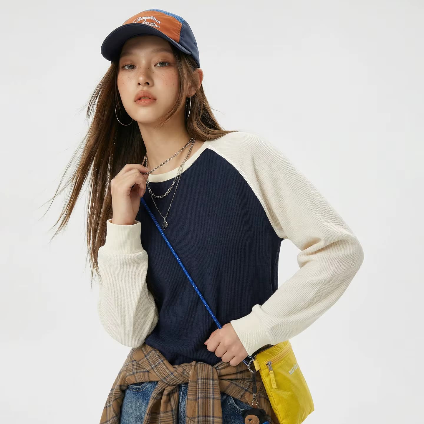 Maden Damen Americana Langarm-Pullover Sweatshirt Waffel-Raglanärmel Weicher Lässiger Colorblock Damen-Oberteil Frühling Herbst