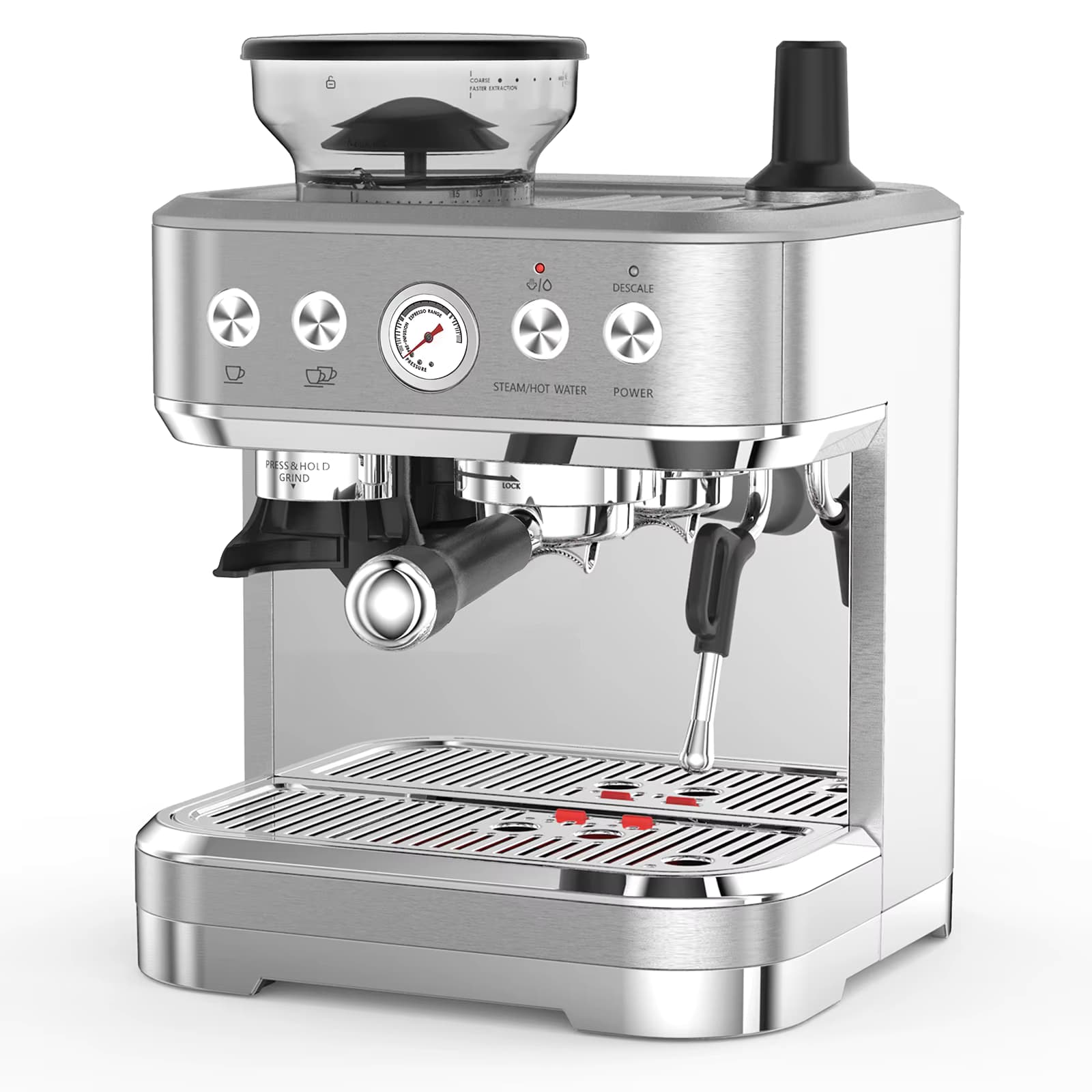 15 Bar Kaffeemaschine mit Integriertem Mahlwerk/Milchaufschäumer/2,5L Wassertank, Edelstahl Barista-Maschine für Zuhause und Büro