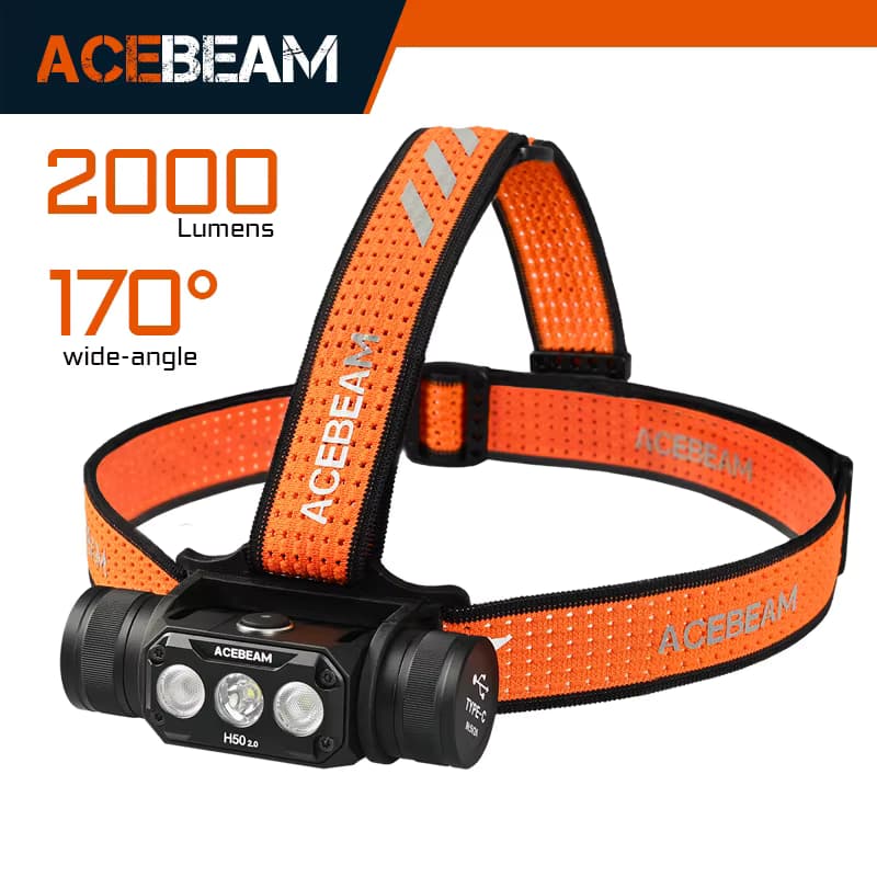ACEBEAM H50 2.0 LED-Stirnlampe 2000 Lumen 5000K 170° ° Weitreichender Flutlicht-/Spotlight-/Dual-Beam-Strahler für Camping, Wandern, etc.