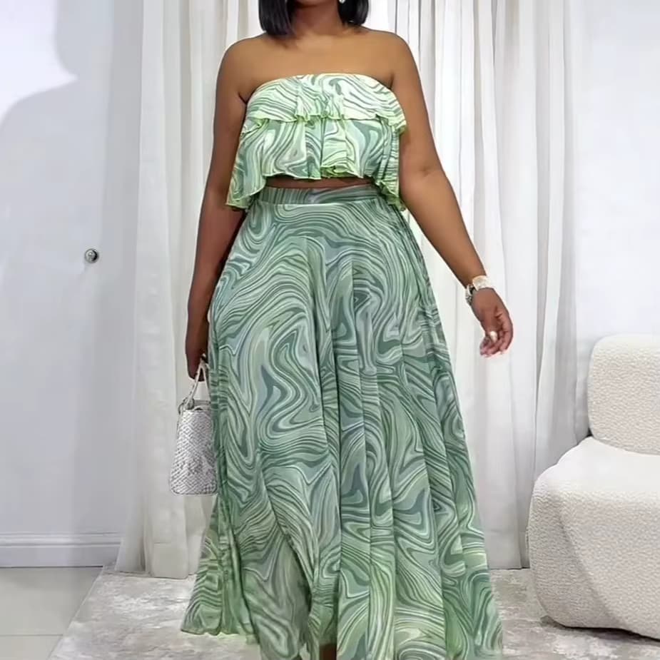 Damen Zweiteiler-Set: Trägerloses, sexy bedrucktes Top und langer A-Linien-Rock mit hoher Taille – Y2K Streetwear, elegant für die Arbeit