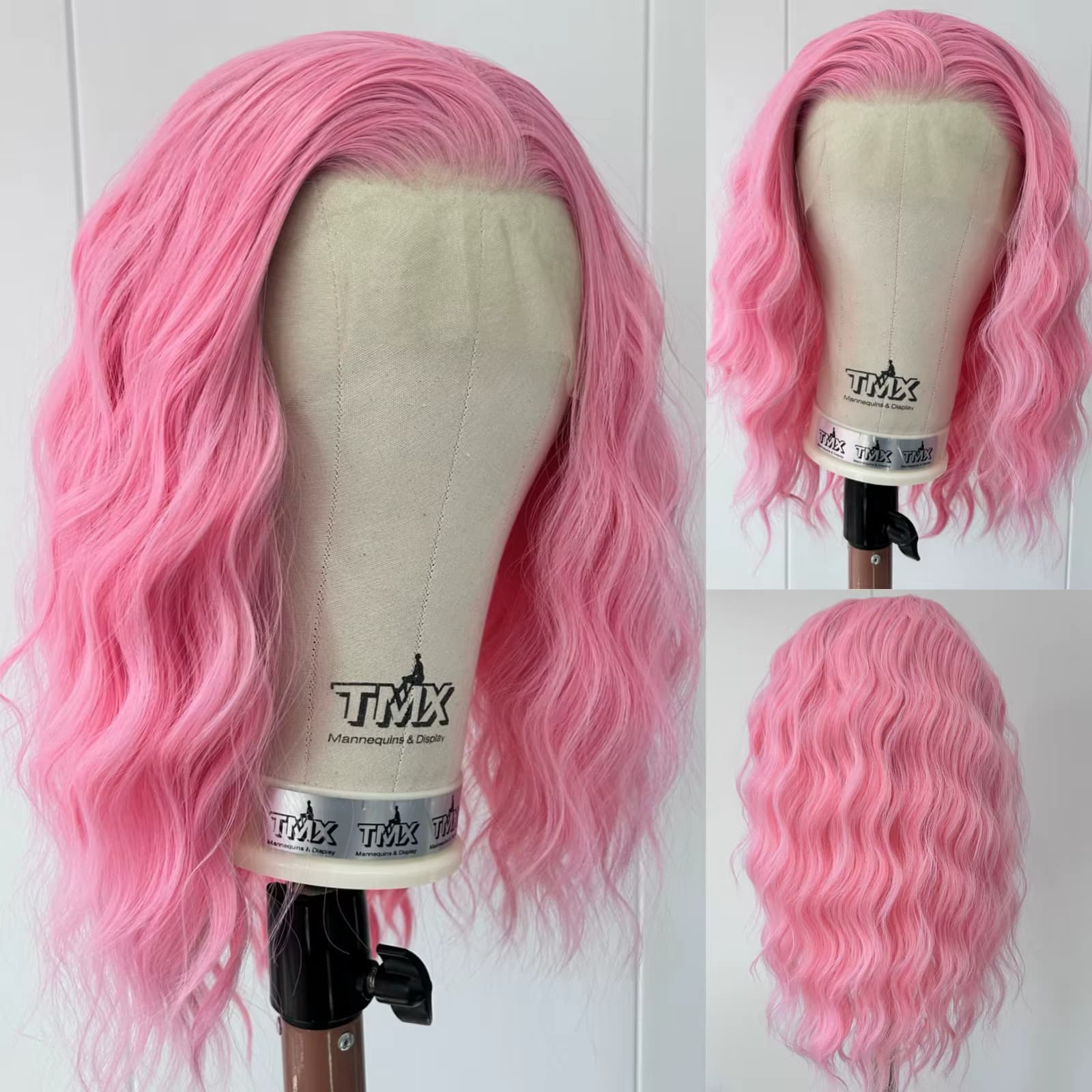 Kurze rosa Perücken für Frauen, lockere lockige gewellte synthetische Bob-Schulterlänge, freier Teil, heißes Rosa, 13 x 4 Lace-Front-Perücken, Party, Cosplay