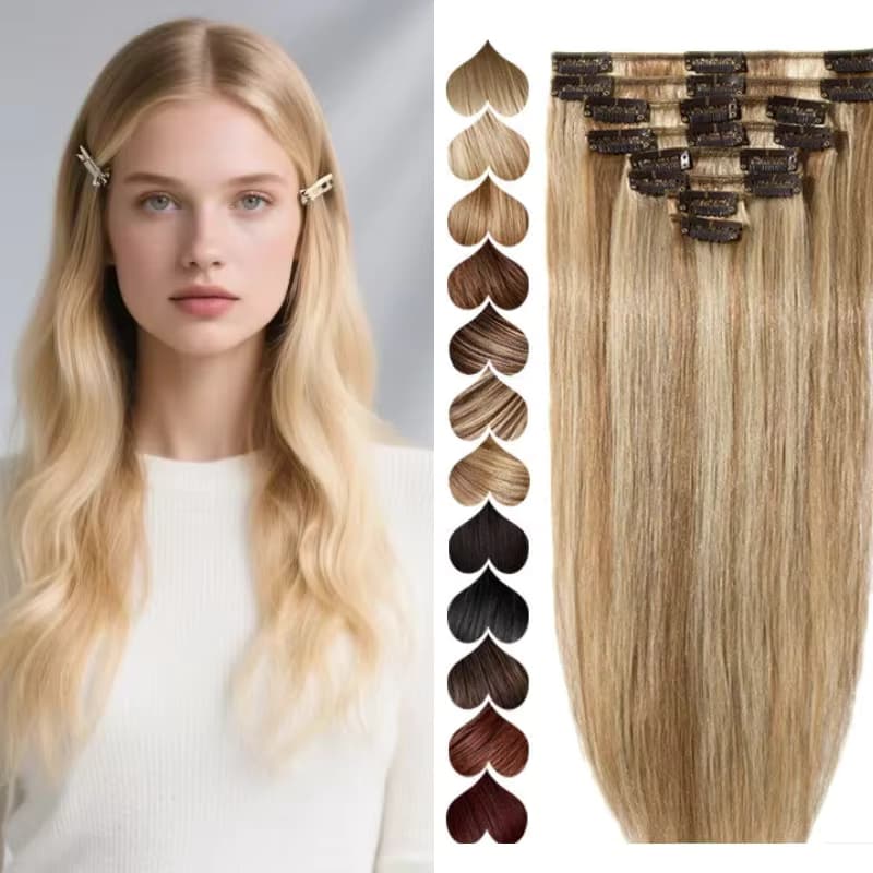 100% Echthaar Clip-In Extensions, 7-teilig, glattes Haar, individuelle Farbe, Länge und Gewicht.