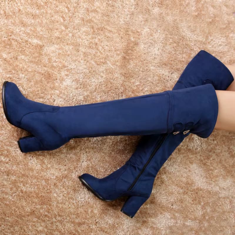 Extra große Größe 33-54 Wildlederimitat Marineblau Schwarz Farbe Damen Winter Herbst Schuhe Overknee-Stiefel Block High Heels Overknees