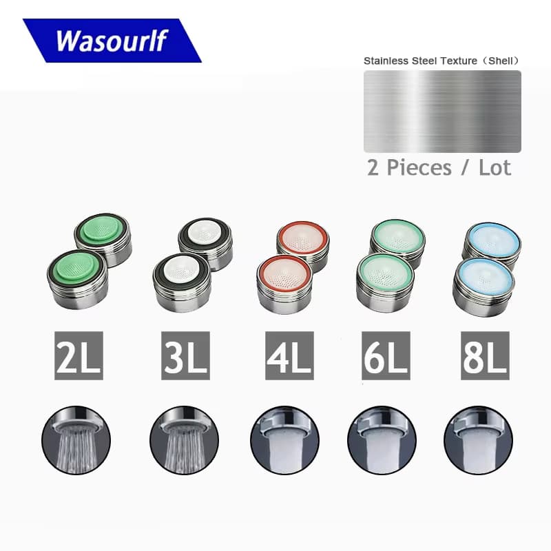 WASOURLF 2 Stück wassersparender Wasserhahnbelüfter, Edelstahlgehäuse, M24 Außengewinde, 2 l, 3 l, 4 l Wasserhahn, Küchenzubehör, passend