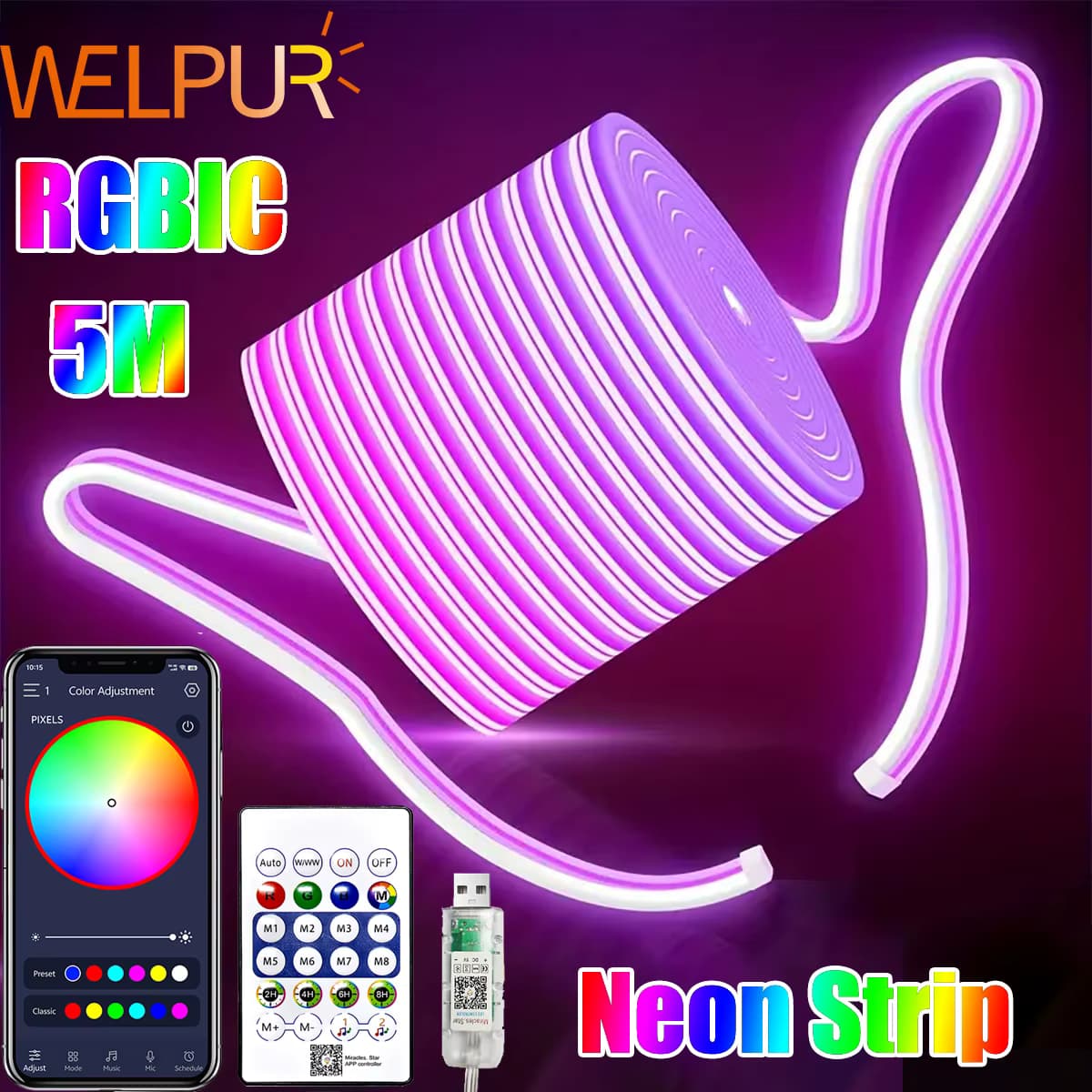 LED-Neonstreifen RGBIC Gaming Umgebungsbeleuchtung DC 5V Wasserdichtes flexibles Bandband Neonlichter mit Bluetooth-Musiksteuerung