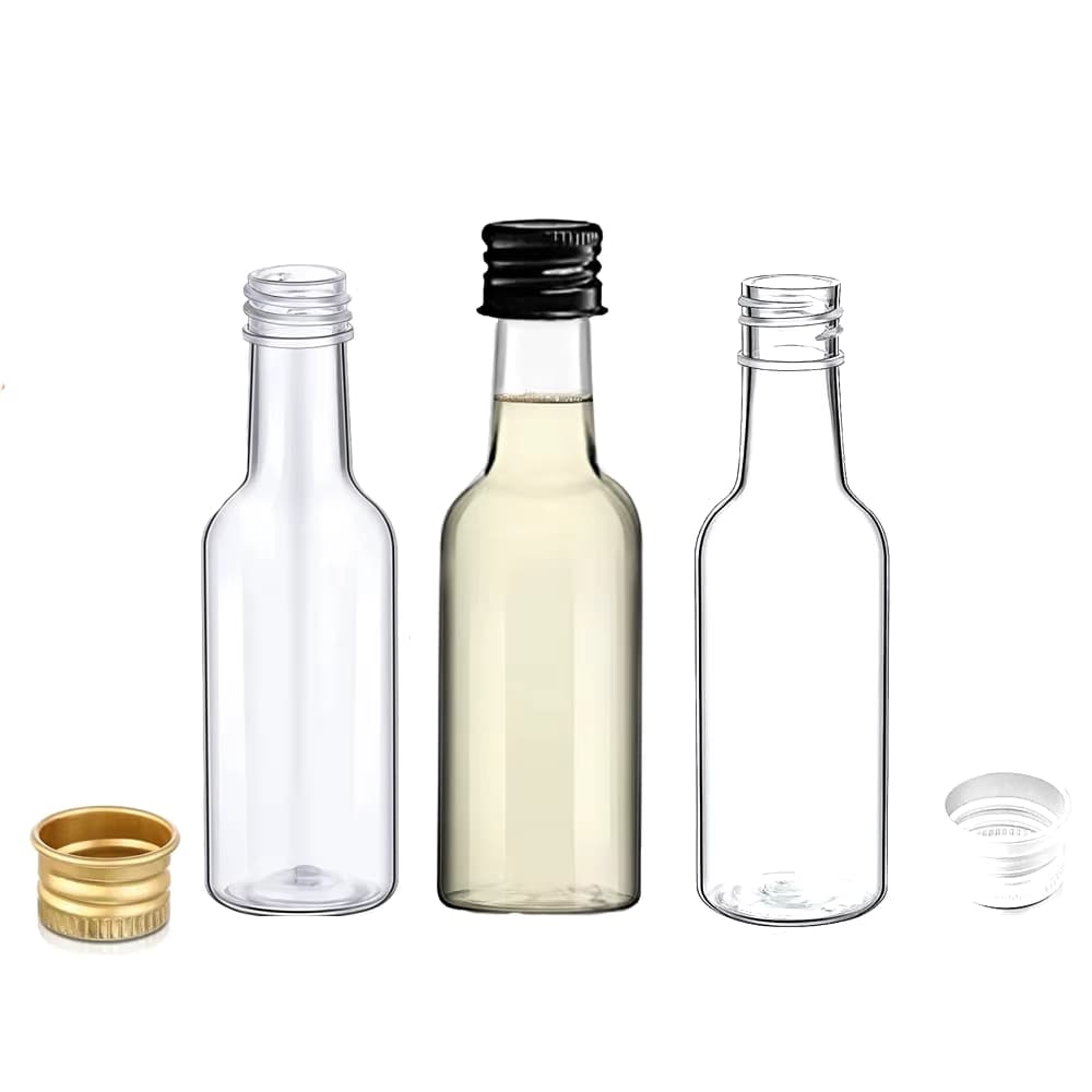 10 Stück Mini-Schnapsflaschen, 50 ml, Kunststoff-Spiritflaschen, Silber/Gold/Schwarz, Kappen, Alkohol-Schnapsflaschen