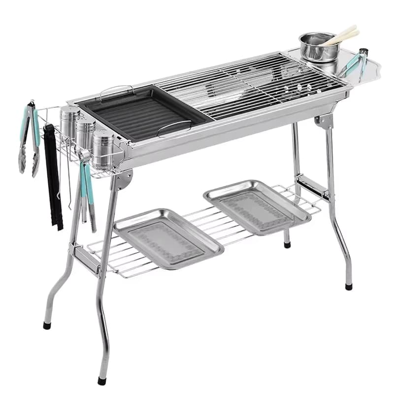 Holzkohlegrill aus Edelstahl, Grillwerkzeug, tragbar, kostenloser Installationsgriff, zusammenklappbares Grillgitter für den Park