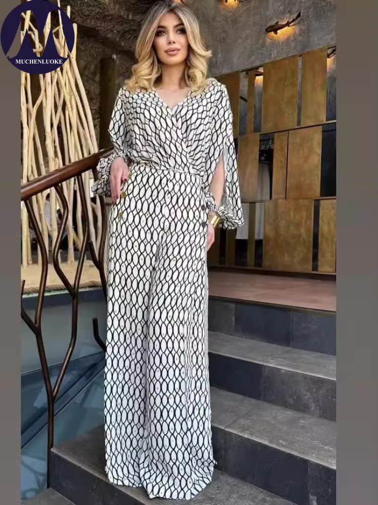 Damen 2-Teiliges Set mit Rautenmuster, Langarm V-Ausschnitt Oberteil und Weite Hose, Frühling Herbst Mode Casual Outfit