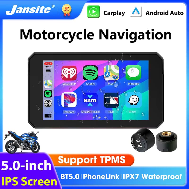 Jansite 5 Zoll tragbares Motorrad-Navigations-GPS, kabelloses Carplay und Android Auto, Bluetooth 5.0, Moto-Monitor, IPX7 wasserdicht