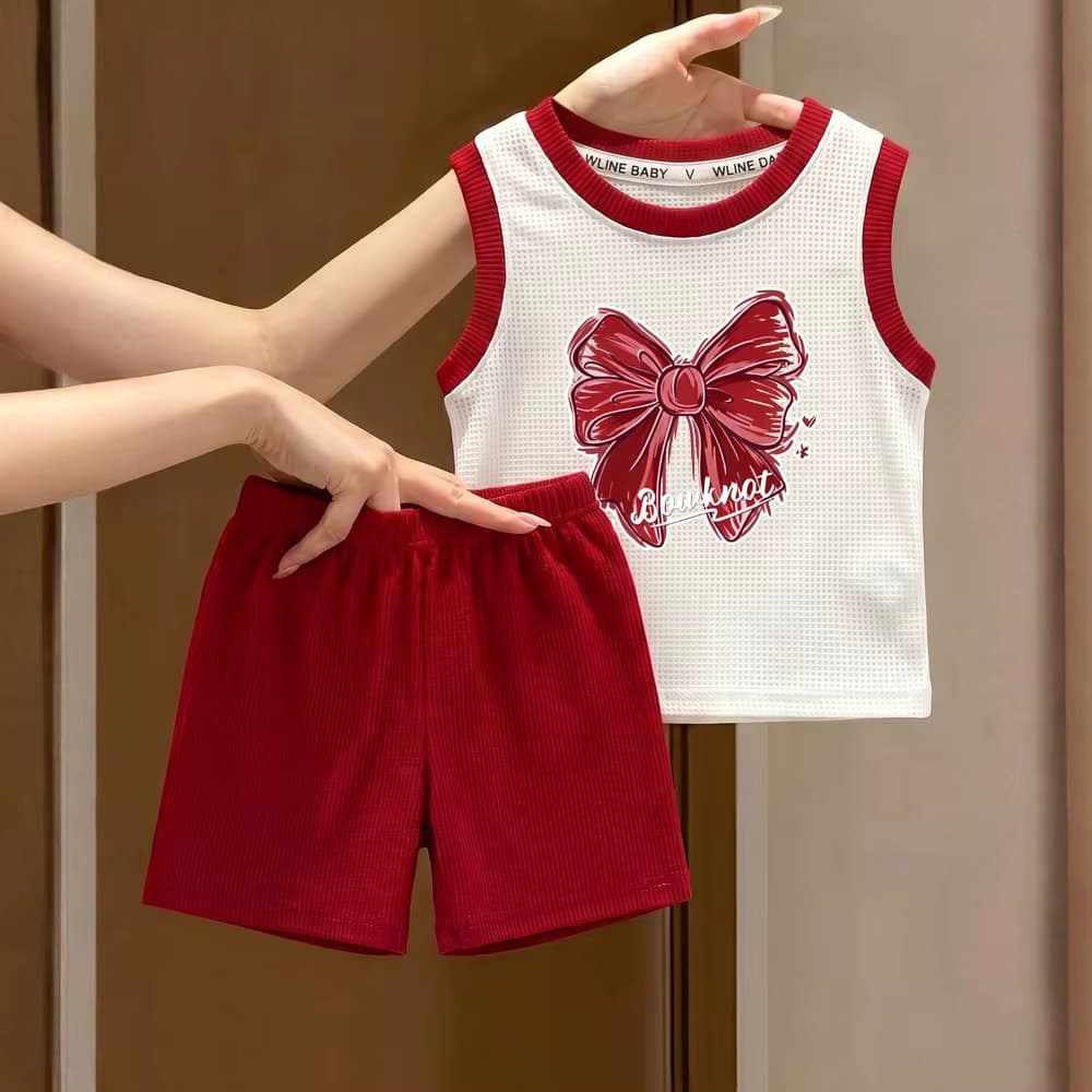 2026 Sommer Mädchen Kleidungssets Neu Schleifenknoten Bedruckte Kinderweste Shorts 2-teilig Kinder Trainingsanzüge Kleinkind Atmungsaktive Outfits 1-12 Jahre
