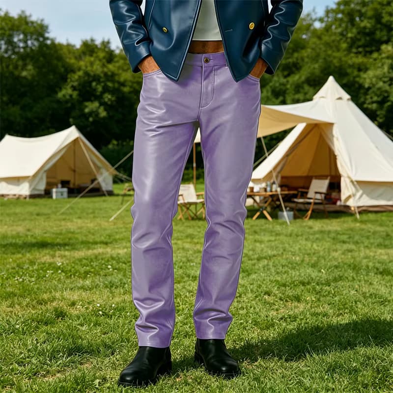 Herren PU-Lederhose Slim Fit mit Konischem Bein, Stretch-Biker-Motorradhose, Männliche Skinny Fit Freizeithose mit Taschen