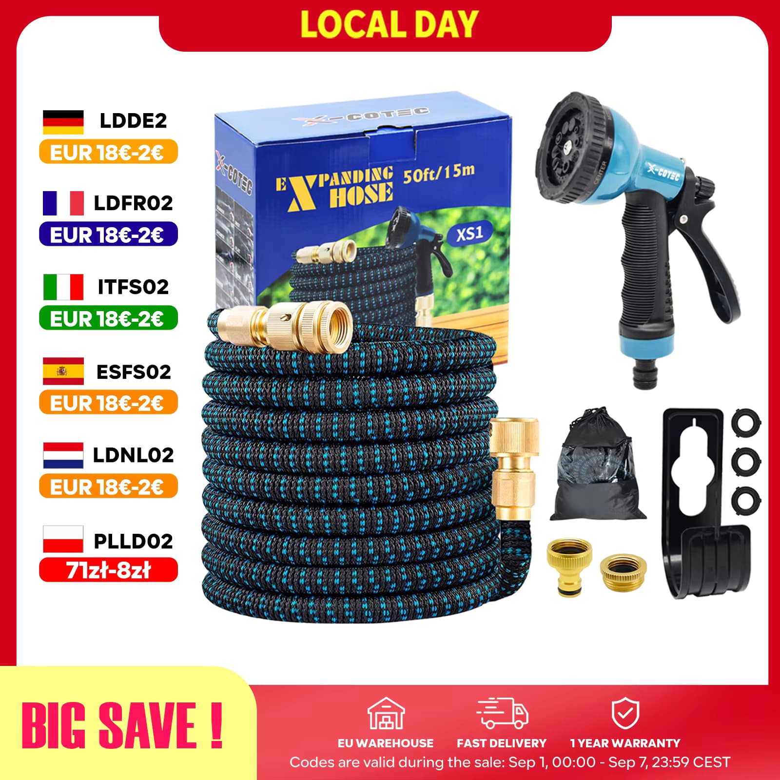 X-COTEC Flexibler Gartenschlauch 15m/30m, Dehnbarer Wasserschlauch mit 1/2" & 3/4" Messinganschlüssen und 10-Funktionen-Handbrause für Garten, Rasen, Autowäsche