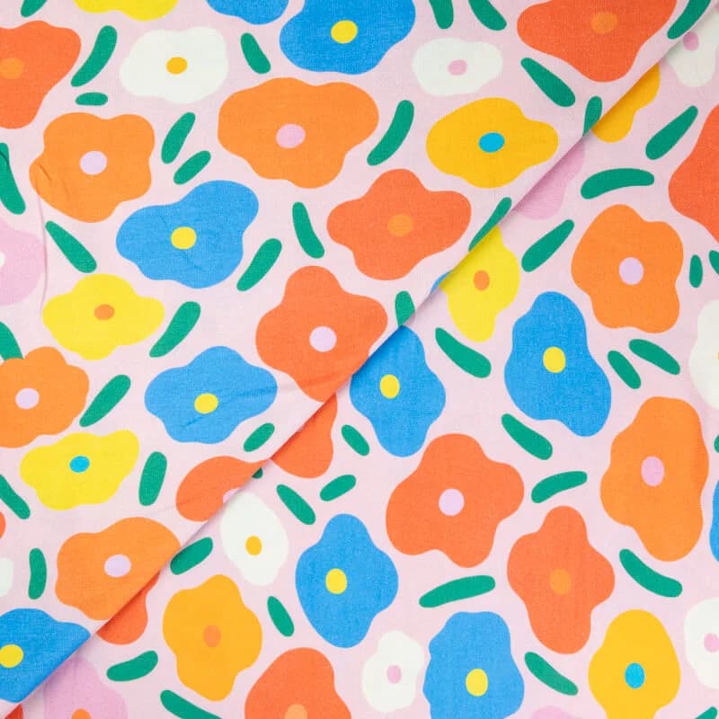 Jersey viscose & élasthanne – Fleurs multicolores fond rose