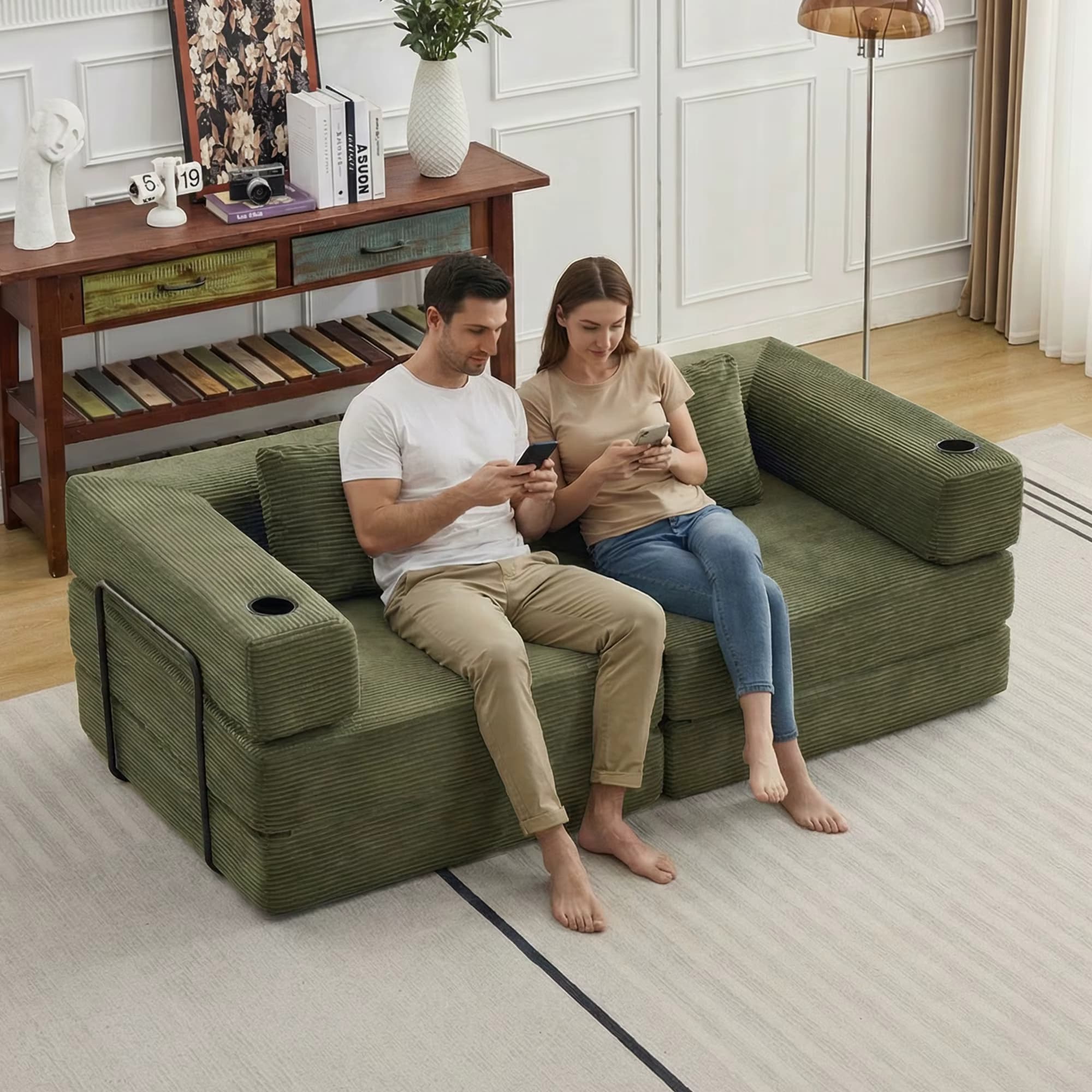 Modulares Cord-Schlafsofa, 2-Sitzer Frei Kombinierbare Couch, Keine Montage Nötig, Sofa mit Getränkehaltern, Zweisitzer für Wohnzimmer, Schlafzimmer