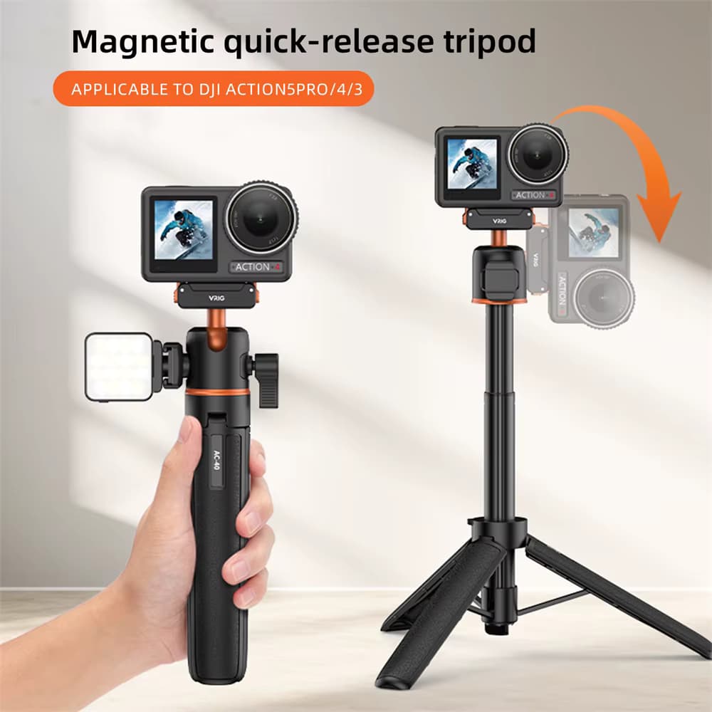VRIG 54cm Magnetisches Kamerastativ für DJI Action 3/4/5 Pro mit Mikrofonhalterung, Schnellverschluss, 360° Kugelkopf und Cold Shoe