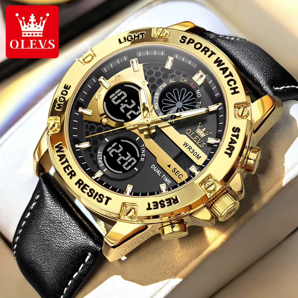 OLEVS 1110 Herrenuhr Sport Original Quarzwerk Uhr Wasserdicht Leuchtend Lederarmband Wochenanzeige Herrenuhr mit Box