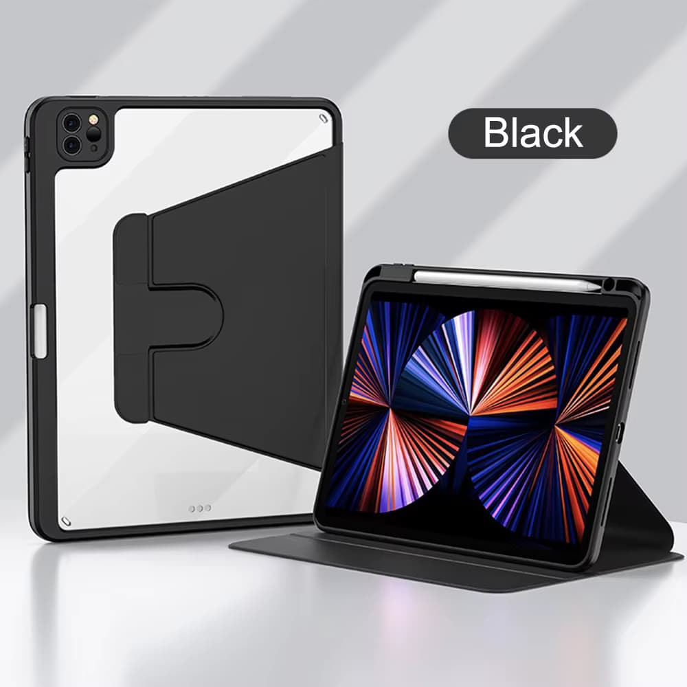 Hülle für iPad 9.7/10.2/11/10th/11th/Air1-5/12.9/ Acryl-Transparent-Rückseite mit Stiftschlitz und drehbarer Halterung