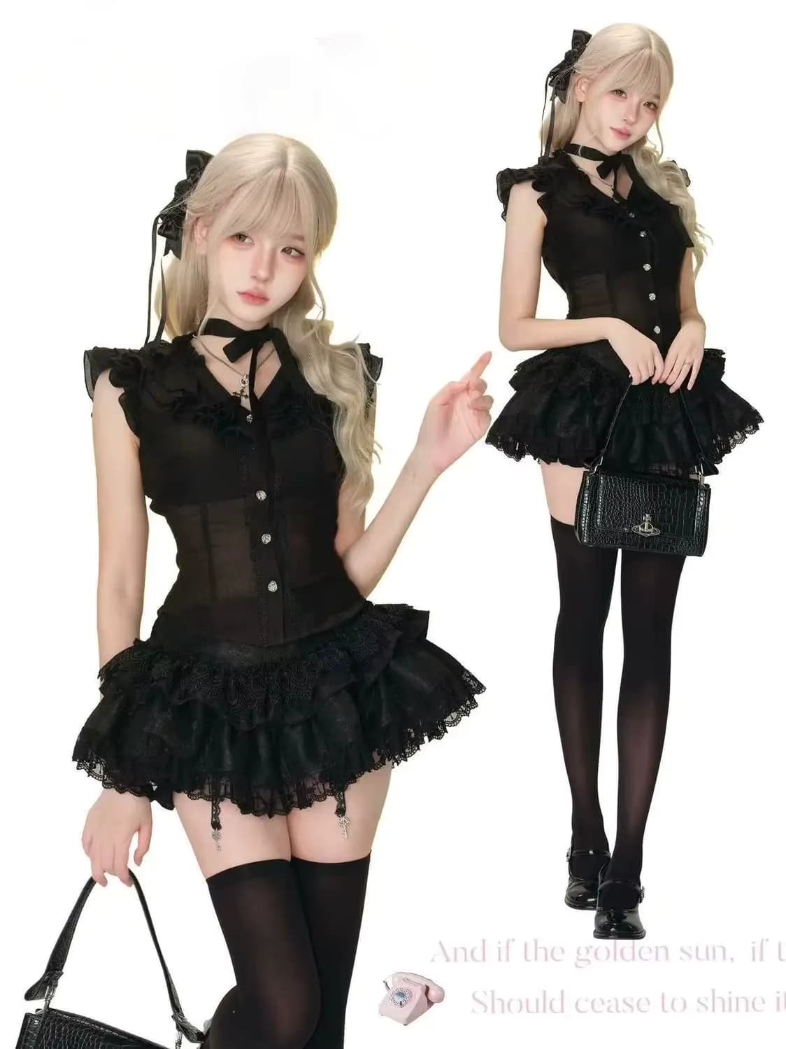 Japanisches Gothic Y2k Slim 2-teiliges Set Damen Süßes ärmelloses Knopfoberteil Party Spitzenrock Anzug Harajuku Grunge Sommer Lolita Sets