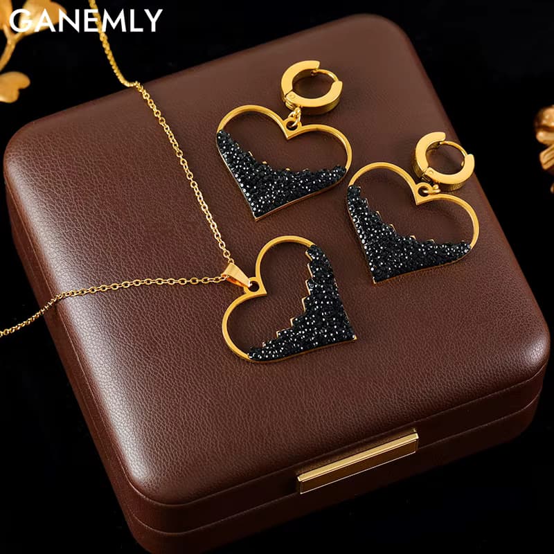 GANEMLY 316L Edelstahl Kreative Hohl Herz Halskette Ohrringe Set Für Frauen Mode Funkelnden Luxus Schmuck Dame Geschenk