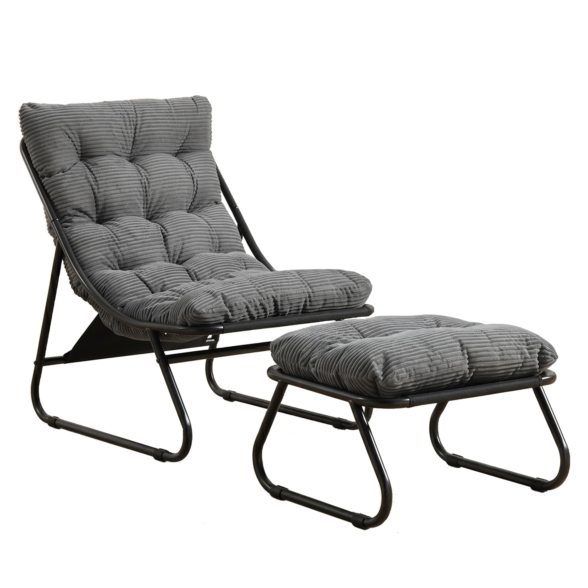 Outdoor-Lounge-Sessel mit Hocker, Polsterkissen, Sling-Gewebe, Stahlrahmen, Grau
